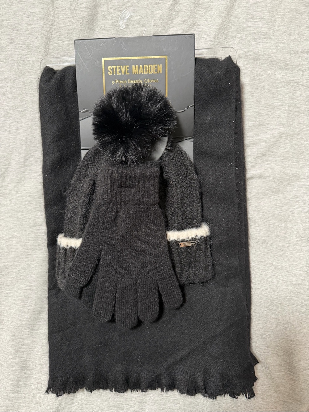 Steve Madden Black Pom-Pom Beanie, Gloves & Scarf Set